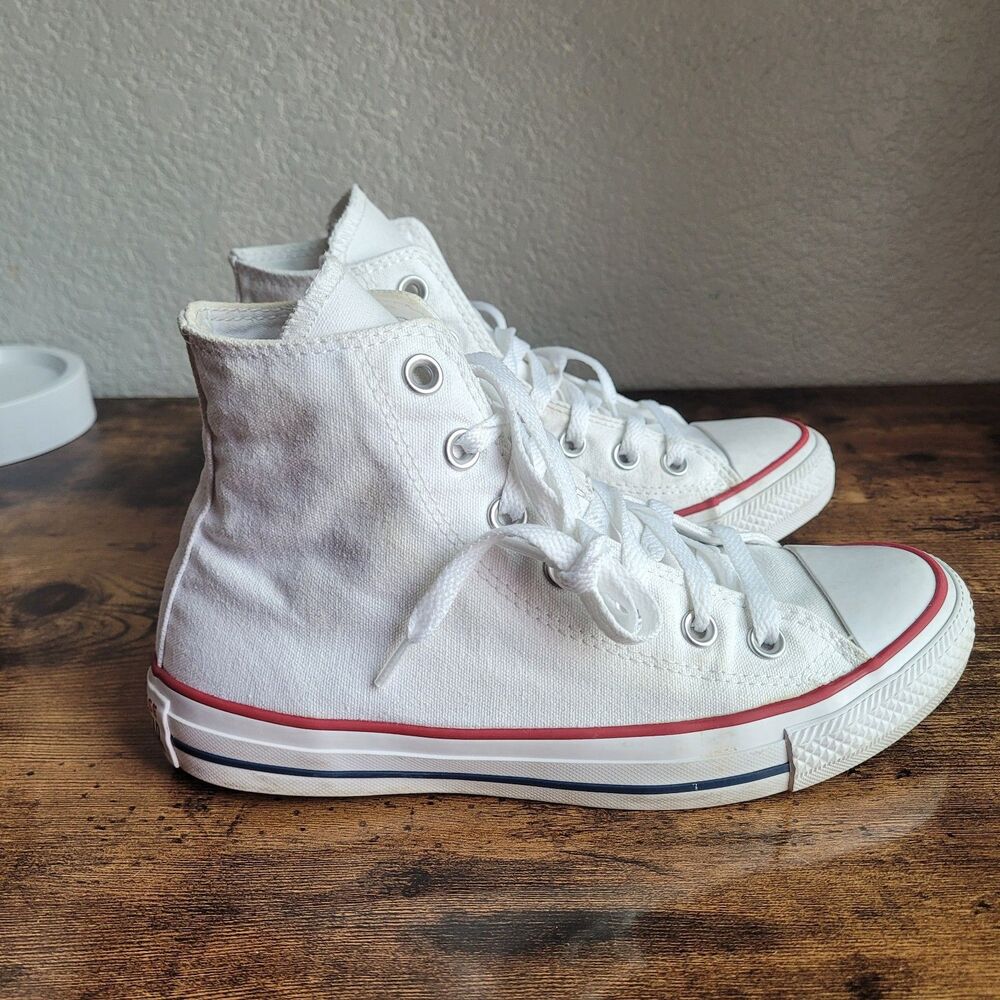 Converse White High Top Sneakers with Red and Navy Stripe